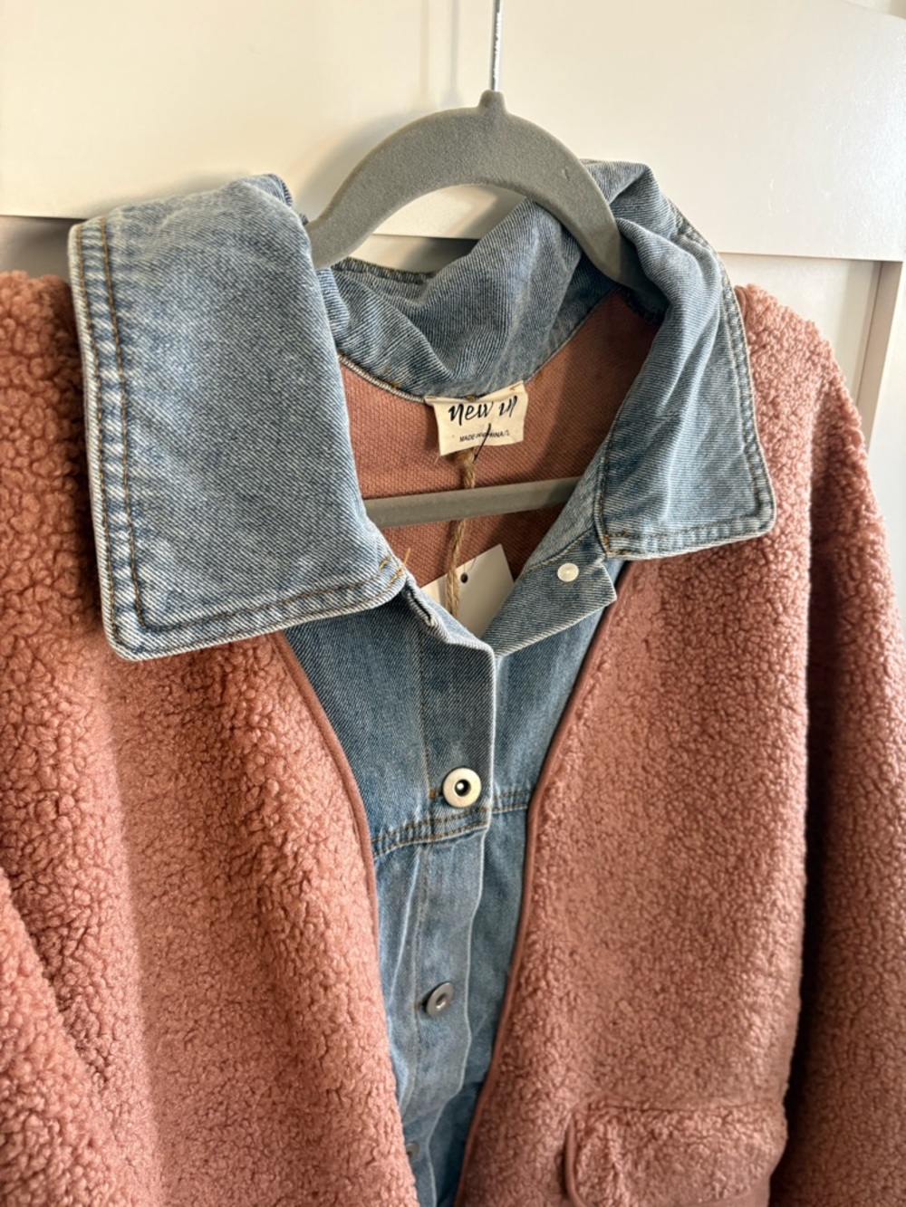 Very J Dusty Rose Teddy + Denim Detail Button Up Shacket Jacket | New with tags! - Picture 2 of 6